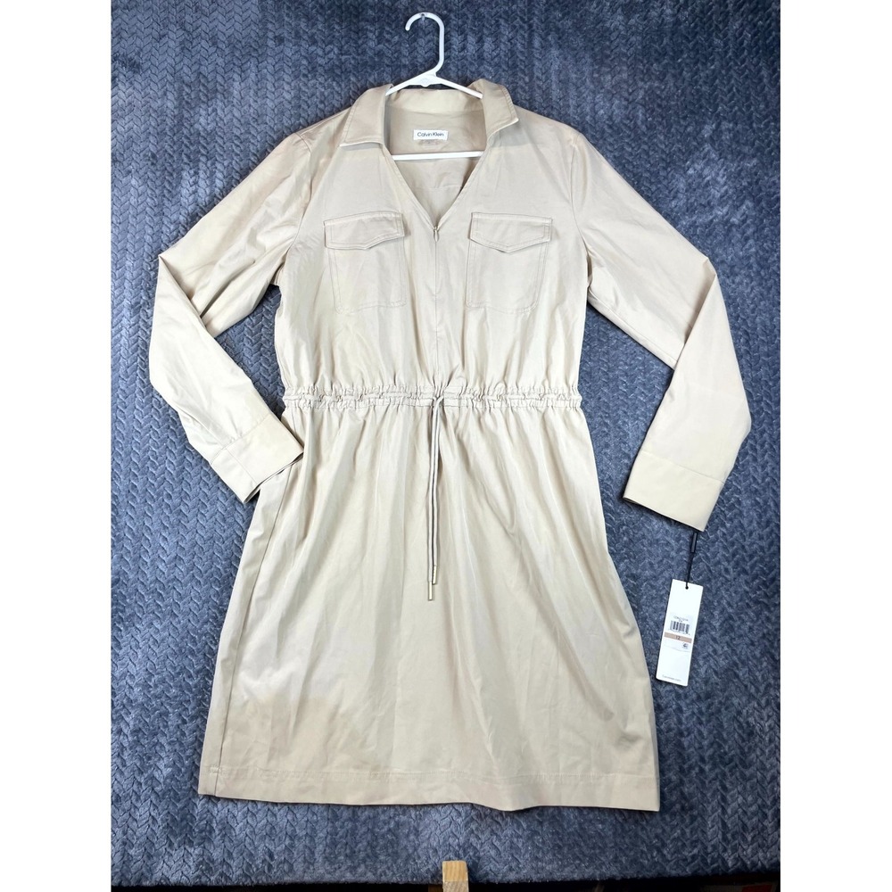 Calvin Klein Utility Shirt Dress Womens 12 Beige Stretch Chest Pockets Zip Front